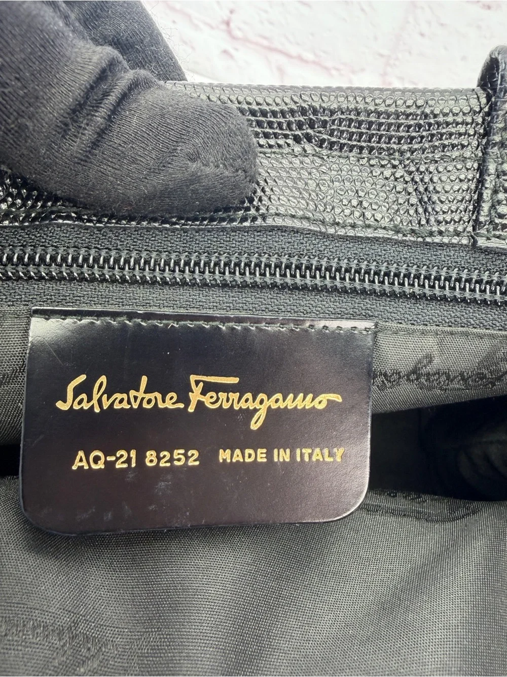 Salvatore Ferragamo Black Lizard-Embossed Top-Handle Satchel Vintage